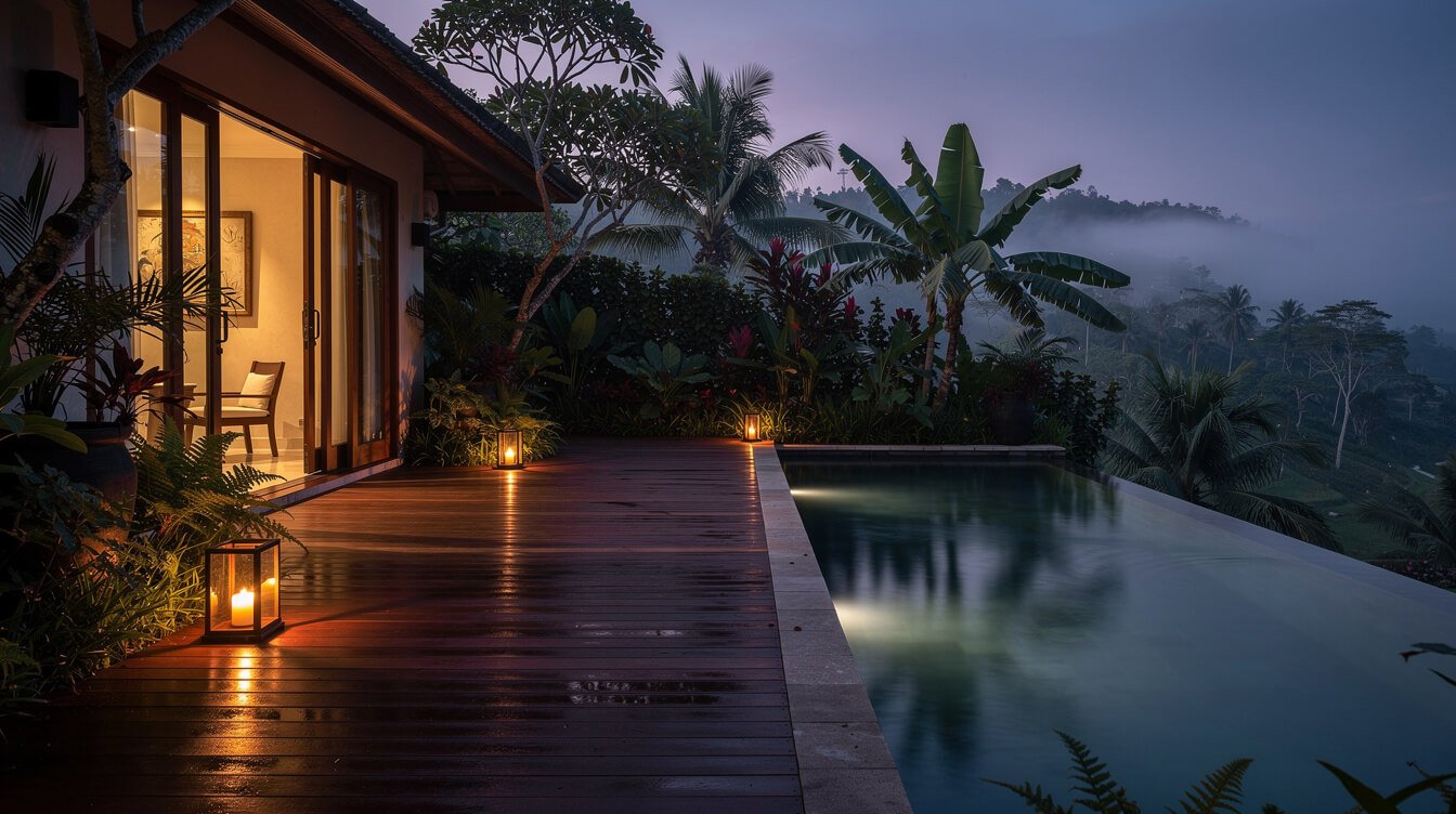 Private pool villa terrace in Ubud Bali at dusk