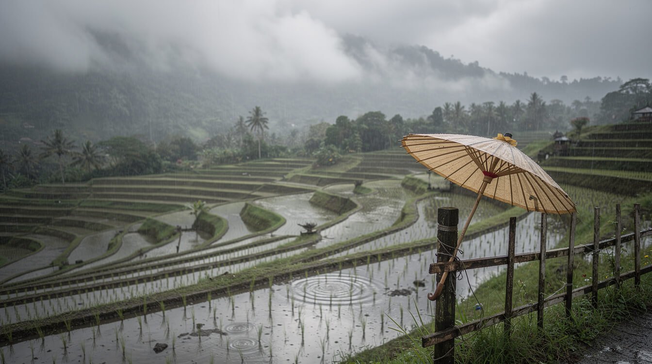 Ubud rice fields in soft rain with traditional umbrella