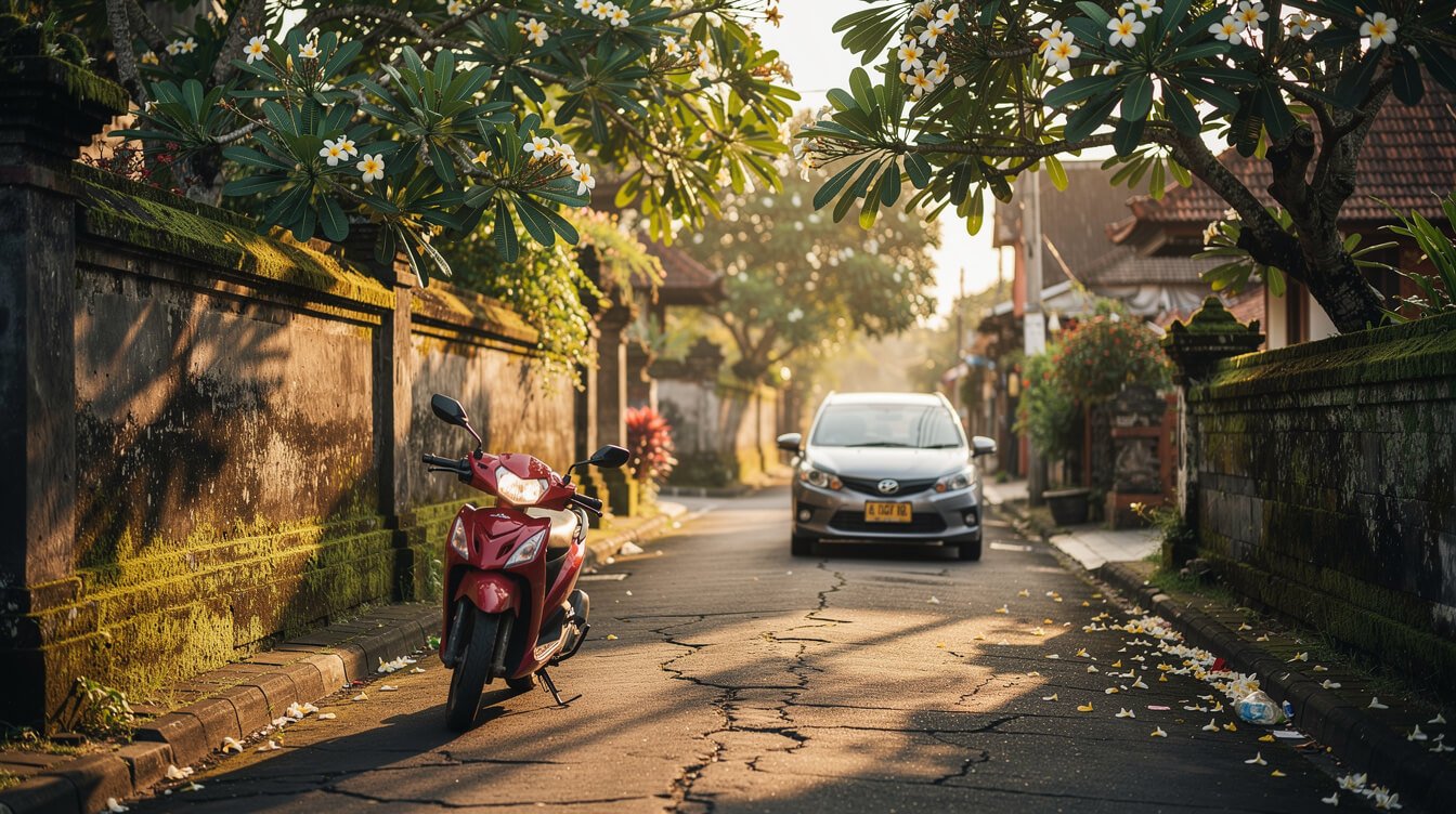 Road through Ubud Bali lined with stone walls and frangipani trees