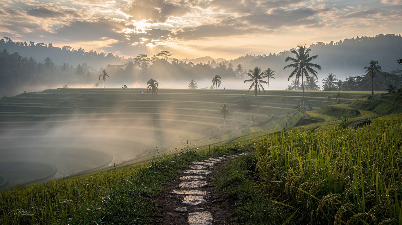 misty rice terraces at sunrise near Ubud