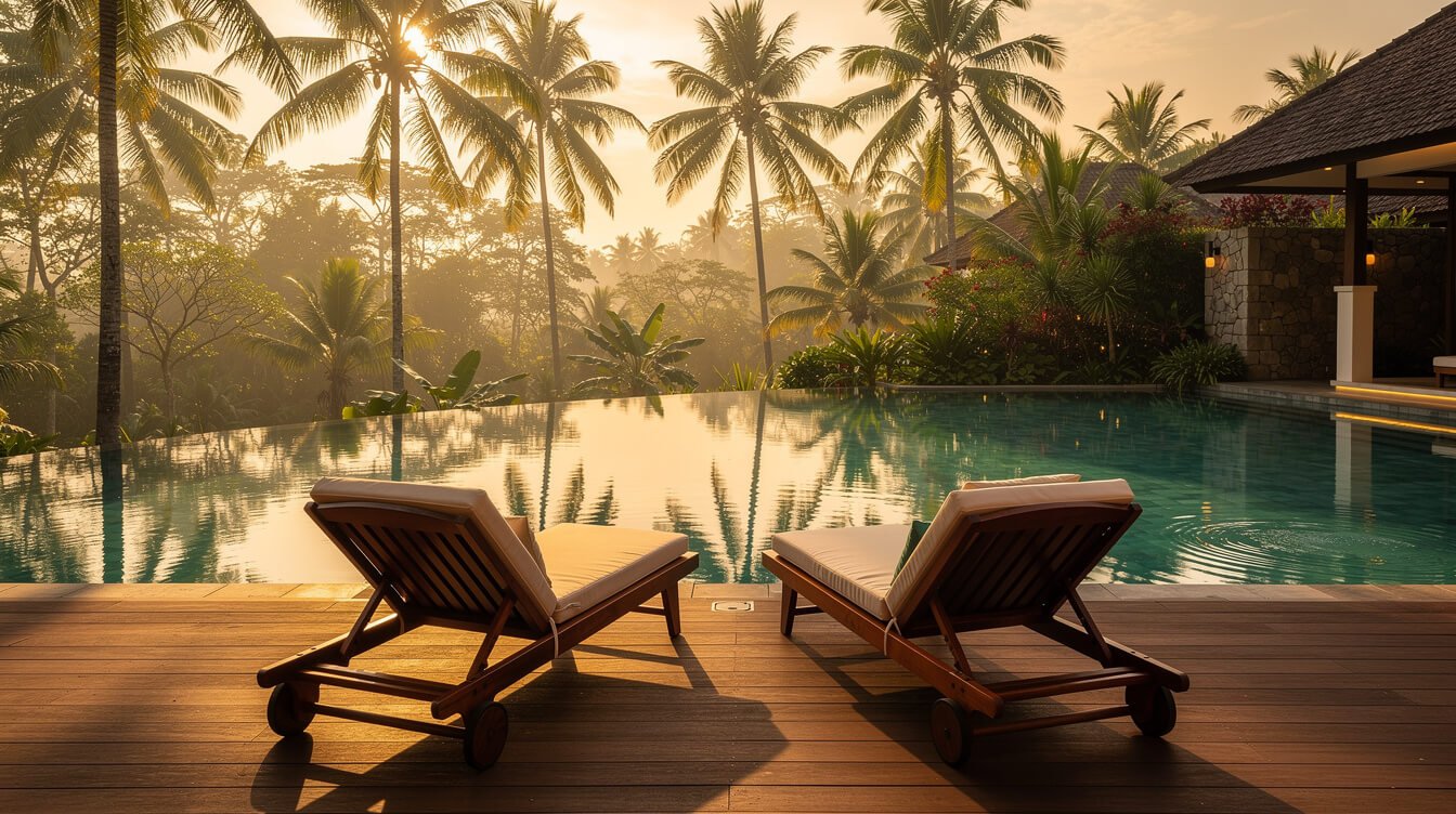 villa amrita pool deck at golden hour