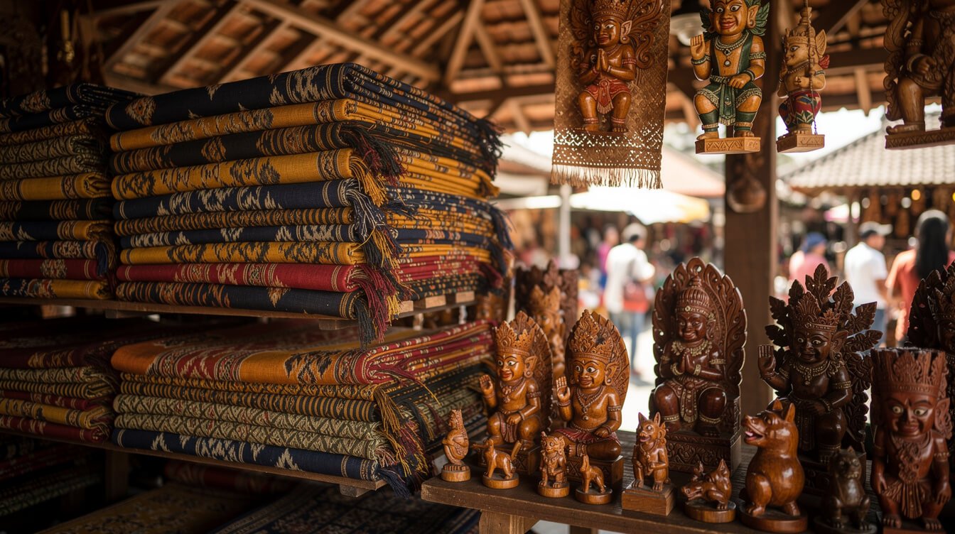hand-woven textiles and wood carvings inside ubud market