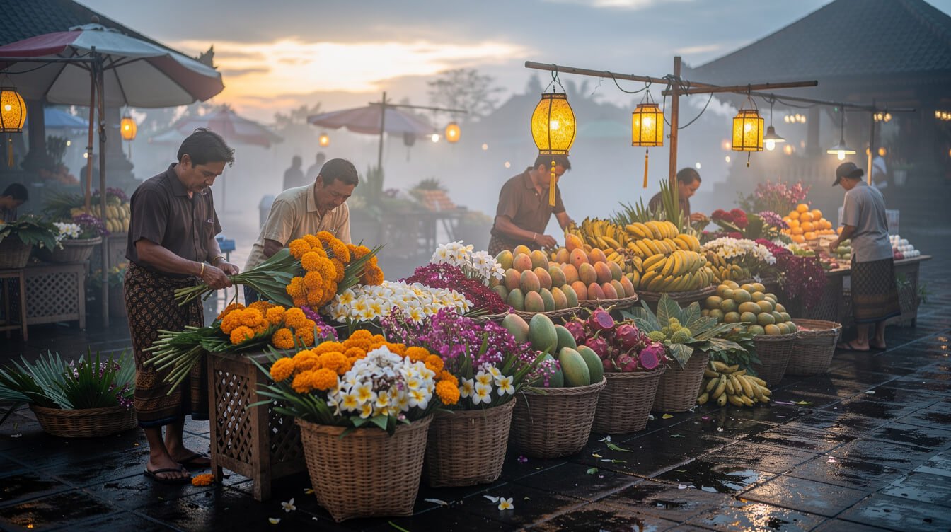 vendors arranging fresh flowers at ubud market at first light