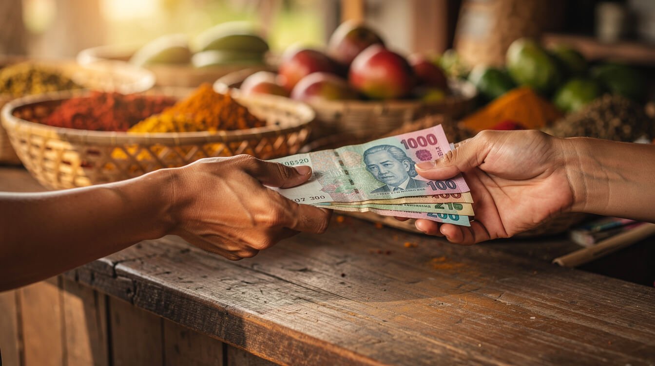hands exchanging rupiah at a bali market stall