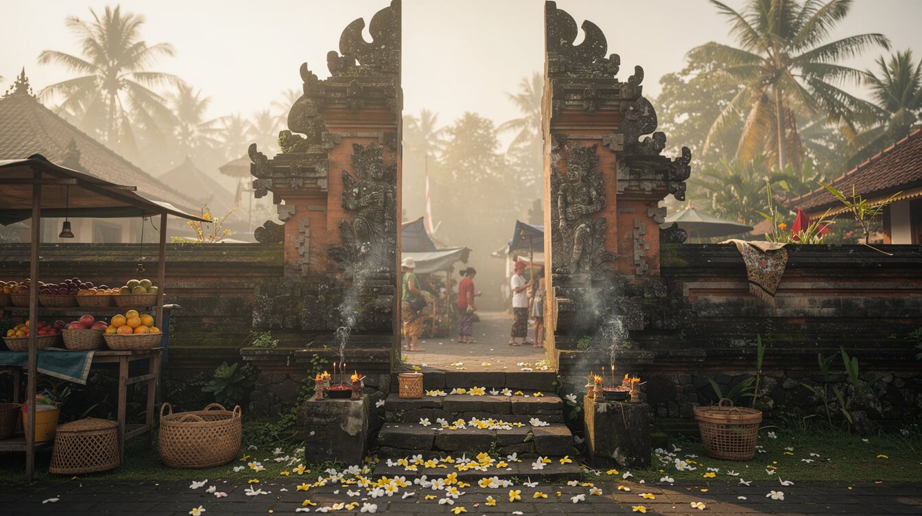 balinese temple gate near ubud market with incense smoke