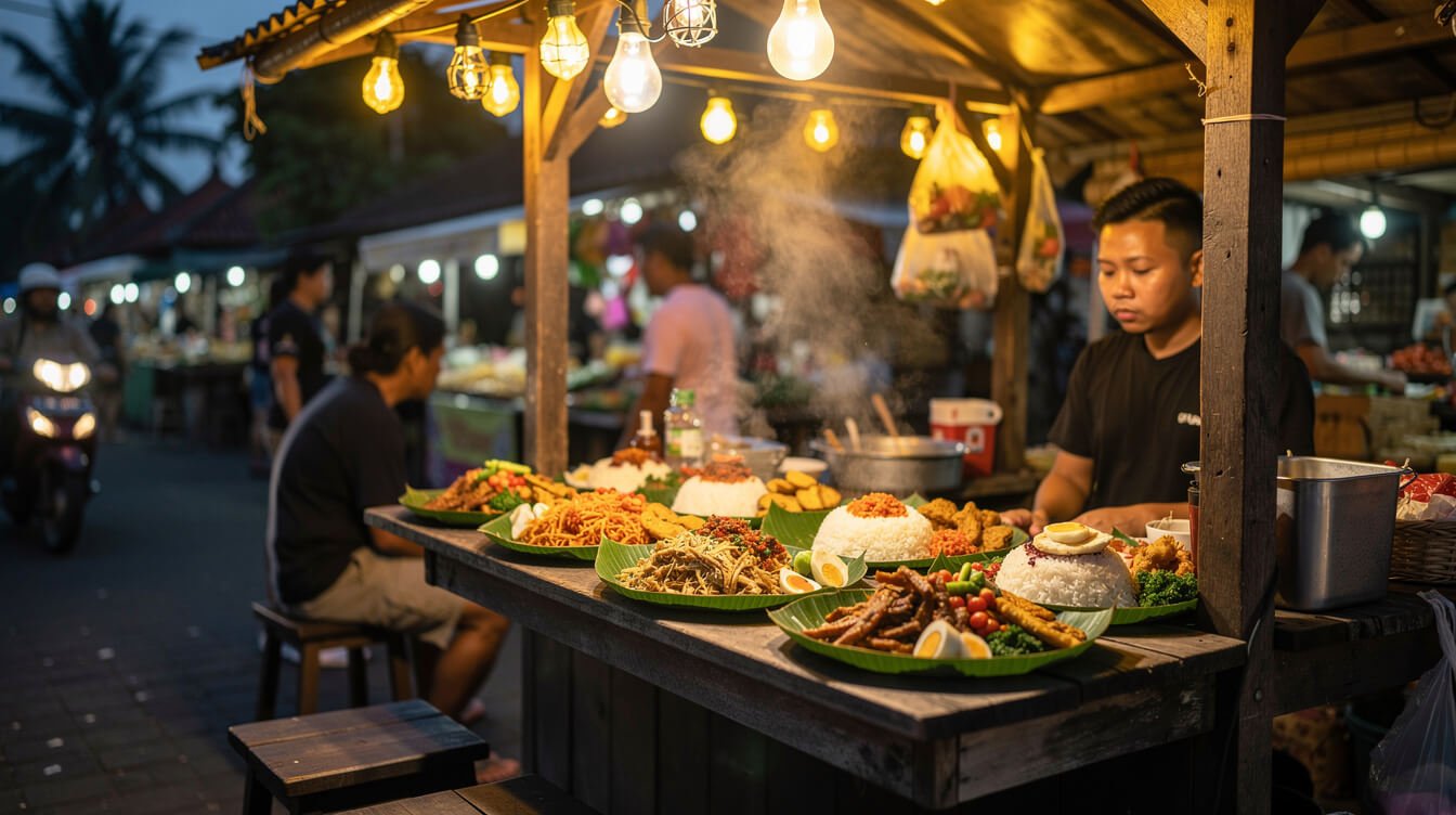 warung food stall near ubud market with banana leaf plates