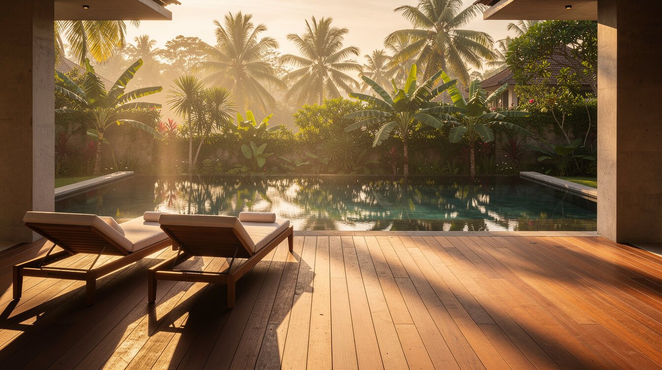 Private pool villa deck in Ubud at golden hour