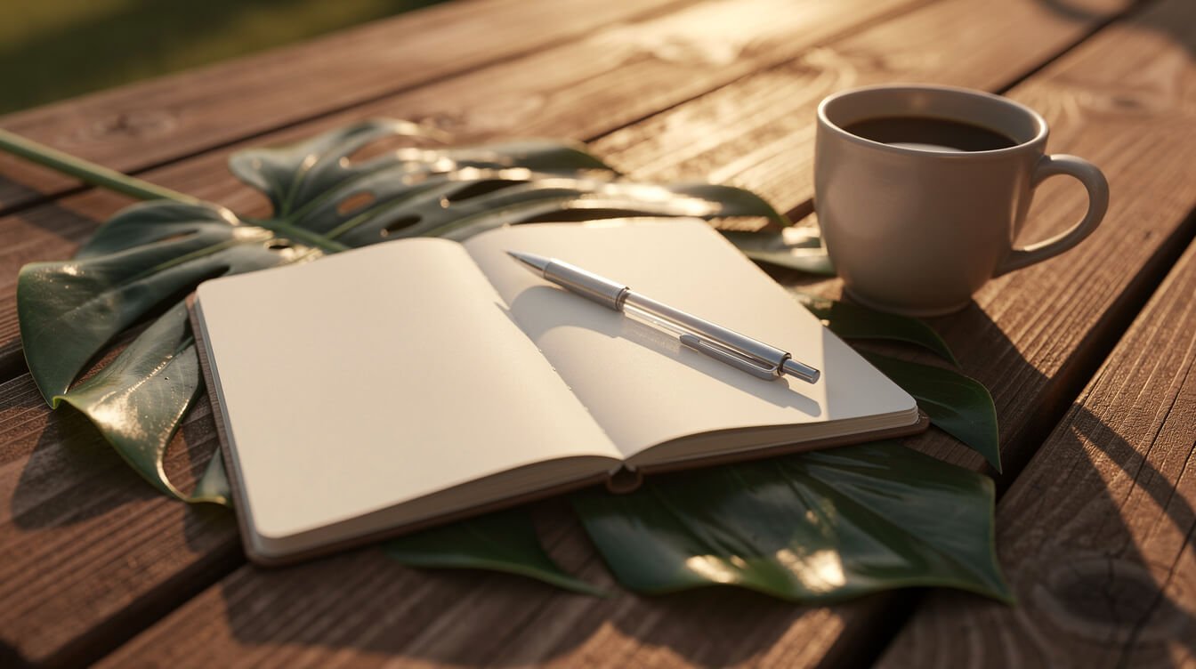 Open notebook with tropical leaves and coffee, stay in touch mood