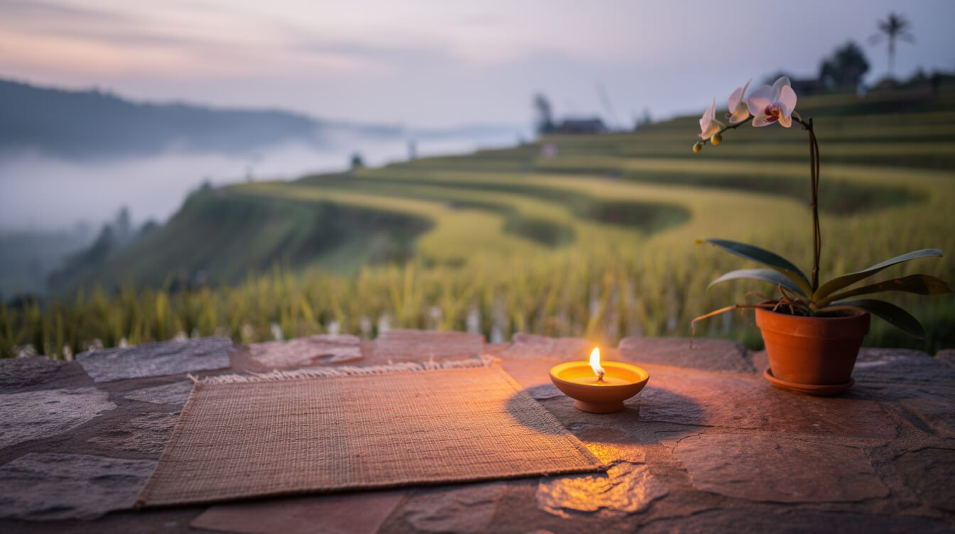 peaceful villa terrace at dusk Ubud Bali