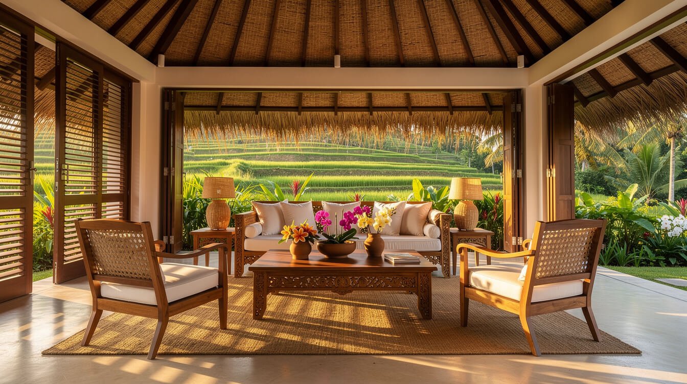 Balinese villa interior with traditional architecture Ubud