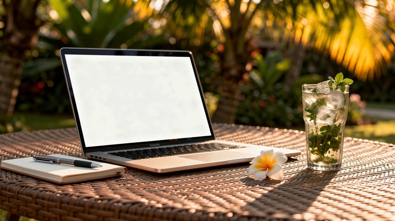 planning a trip to Ubud Bali, laptop in tropical setting