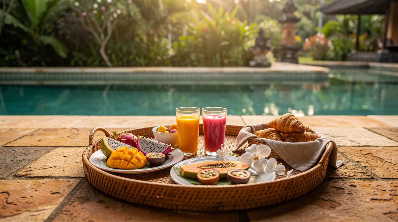 villa breakfast on pool terrace Ubud Bali