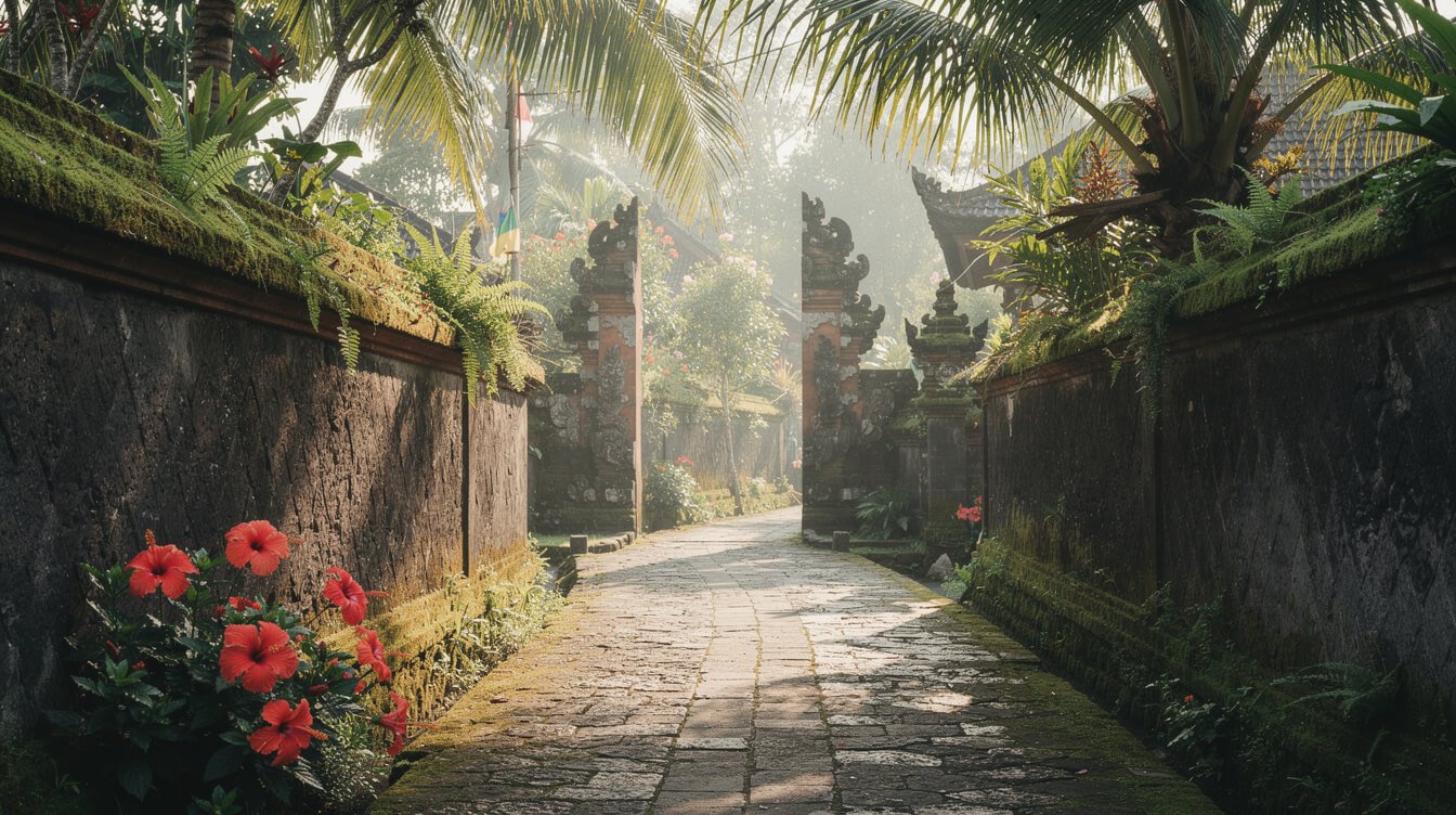 village lane Ubud Bali traditional stone wall