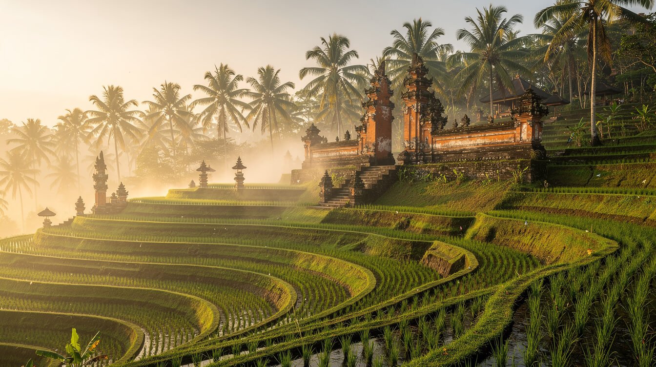 villas for rent in ubud bali — layered rice terraces at golden hour