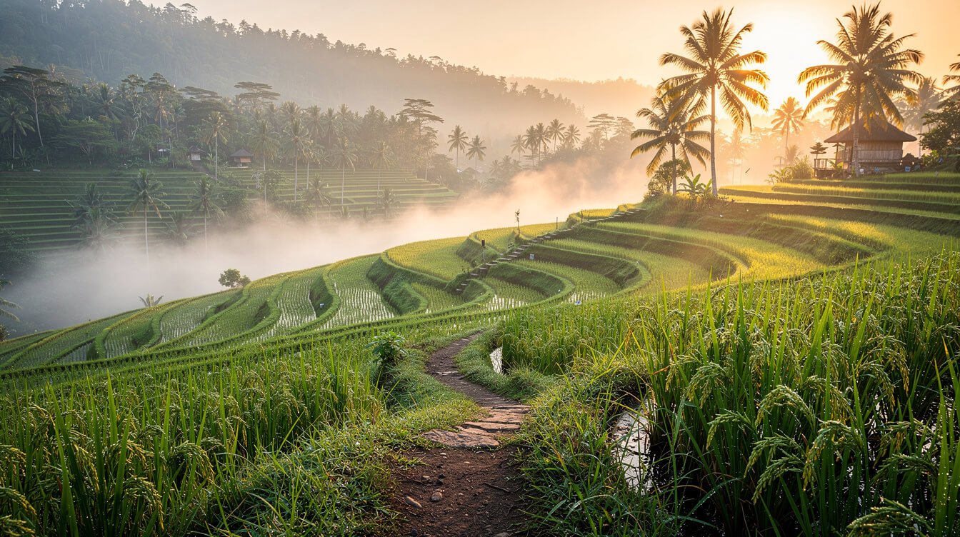 Misty sunrise over rice terraces near Ubud