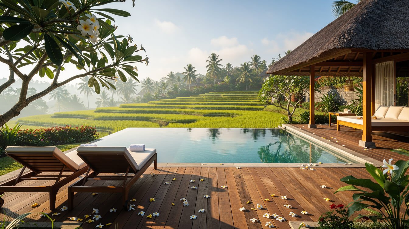 Villa Amrita private pool deck and tropical garden in Ubud