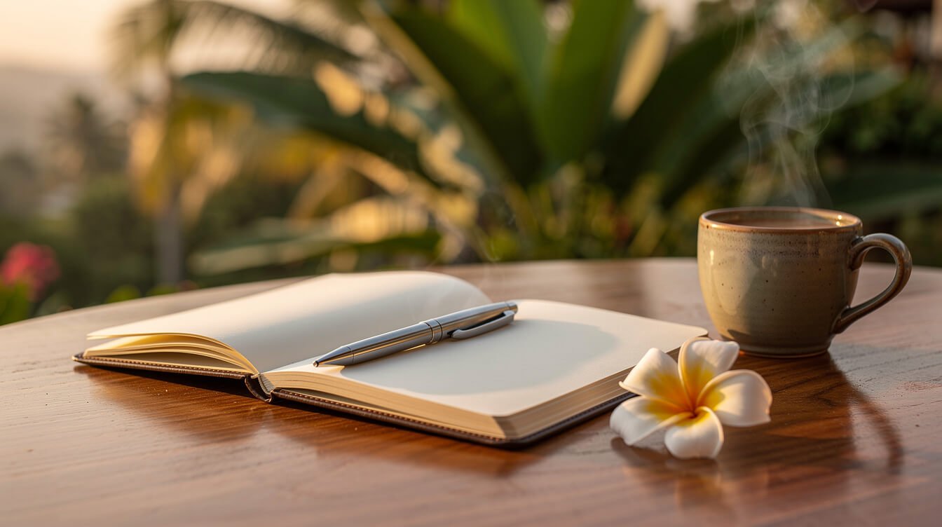 Open notebook and coffee on a villa terrace at sunset