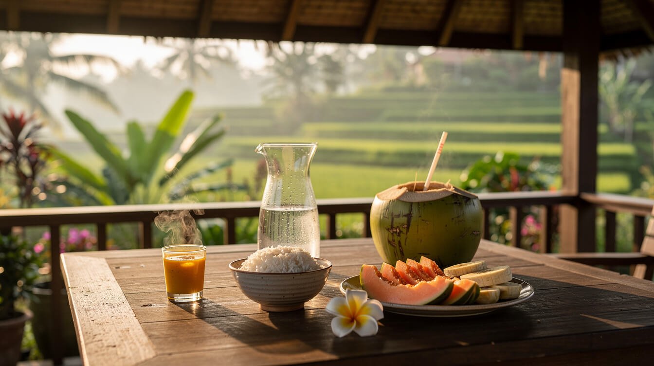 Bali belly recovery breakfast on a villa terrace in Ubud