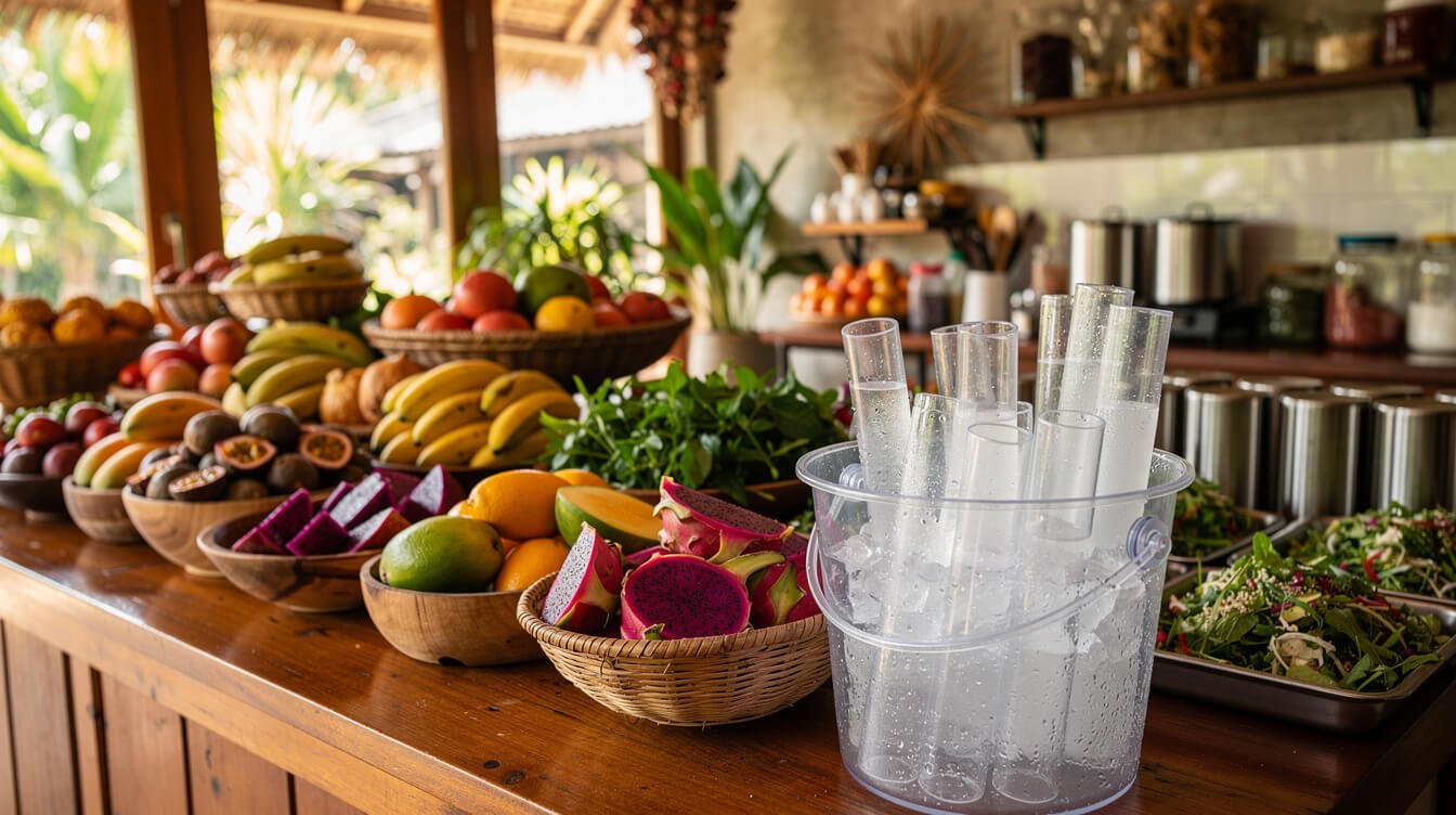 Smoothie bowls, fresh fruit and tube ice at an Ubud cafe