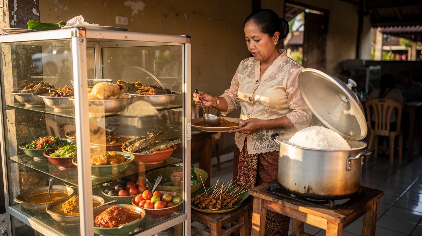 Freshly cooked dishes at a family-run warung in Ubud