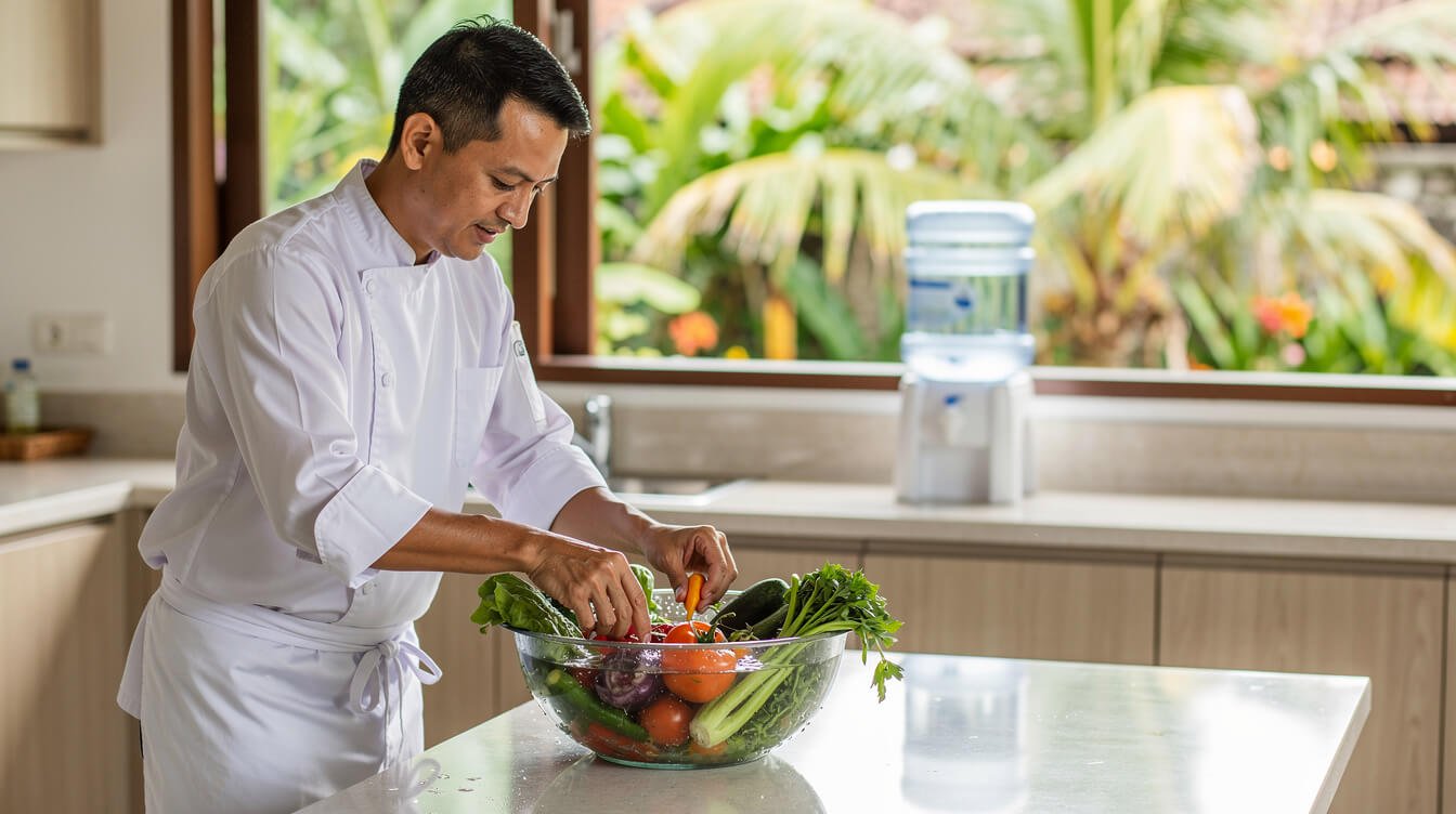 Private villa chef washing vegetables in filtered water in Ubud