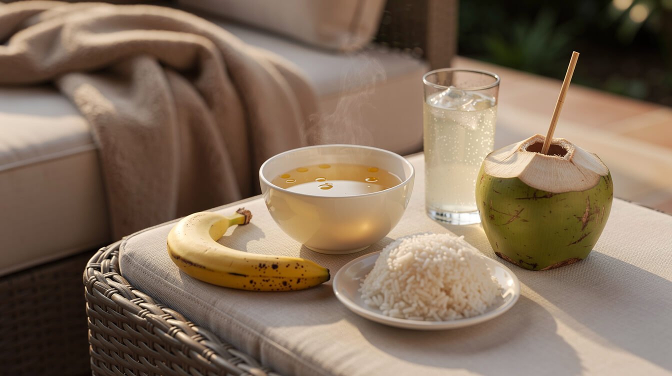 Gentle recovery foods for Bali belly: broth, rice, banana and coconut water