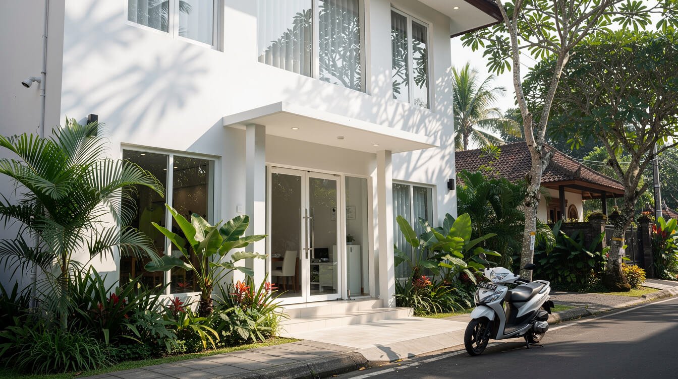A modern medical clinic on a leafy street in Ubud
