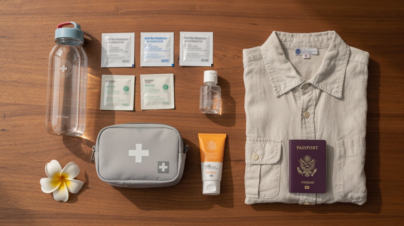 Travel health kit with rehydration sachets and water bottle for Bali