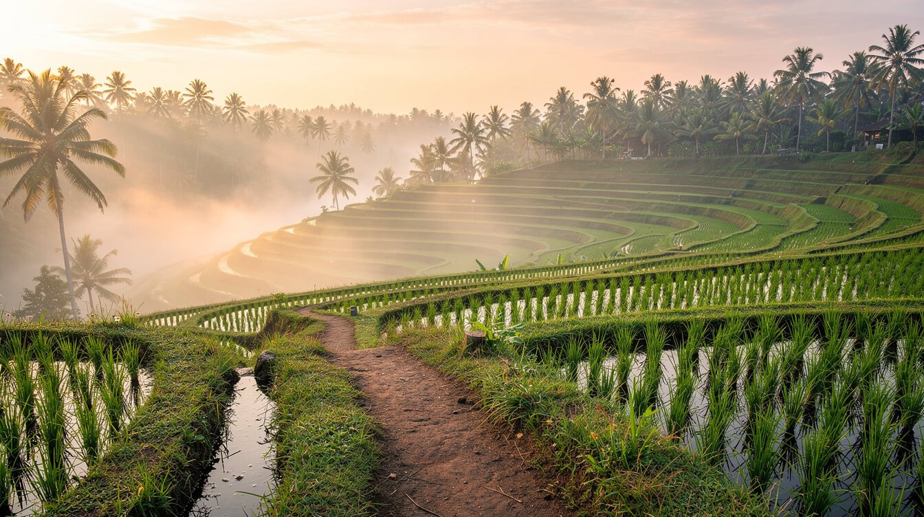 Misty sunrise over rice terraces near Ubud