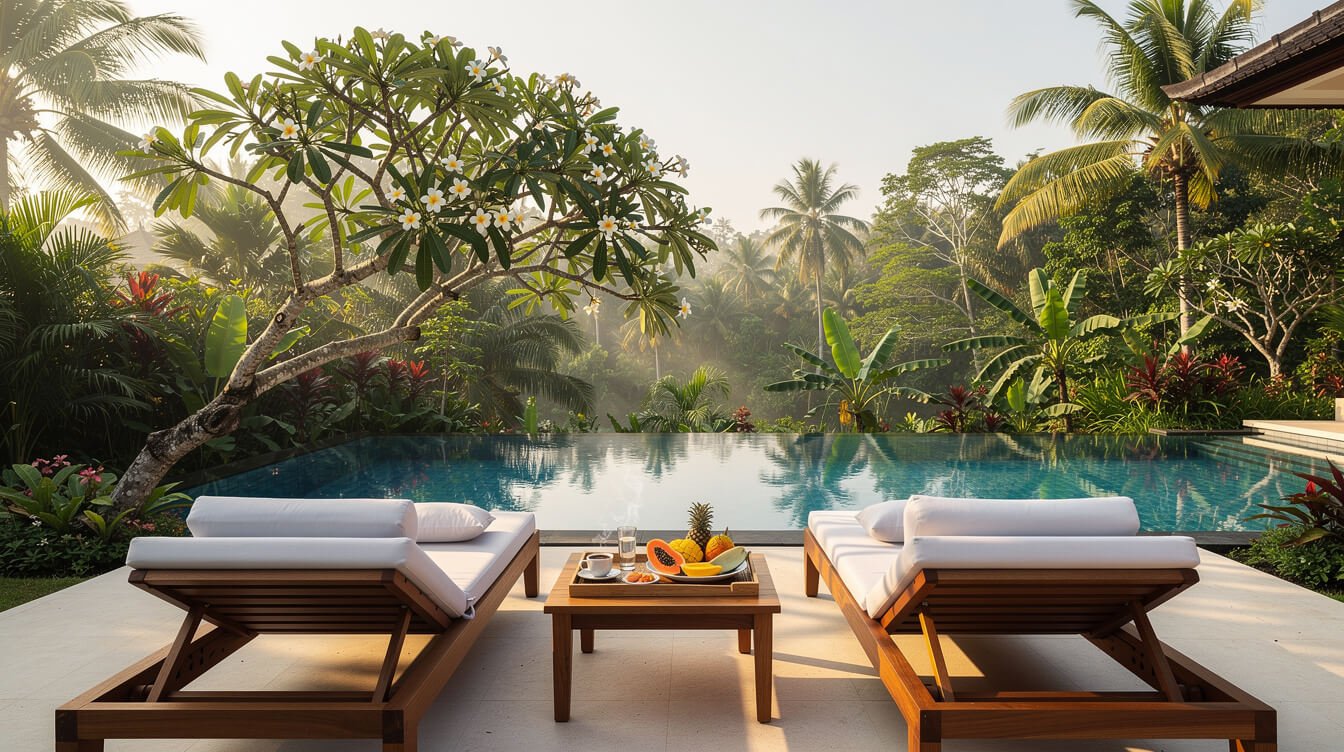 Villa Amrita private pool deck with morning coffee in Ubud