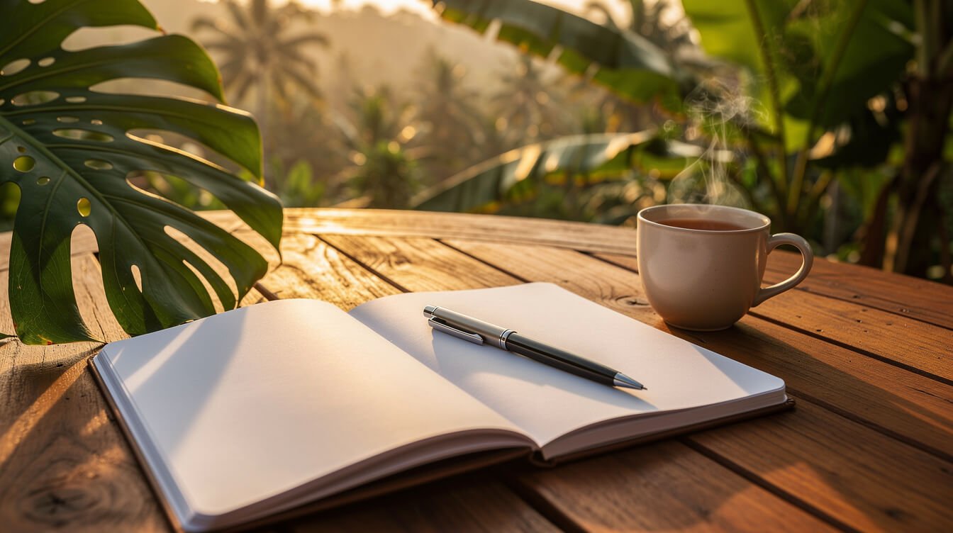 Open notebook and coffee on a villa terrace at sunset