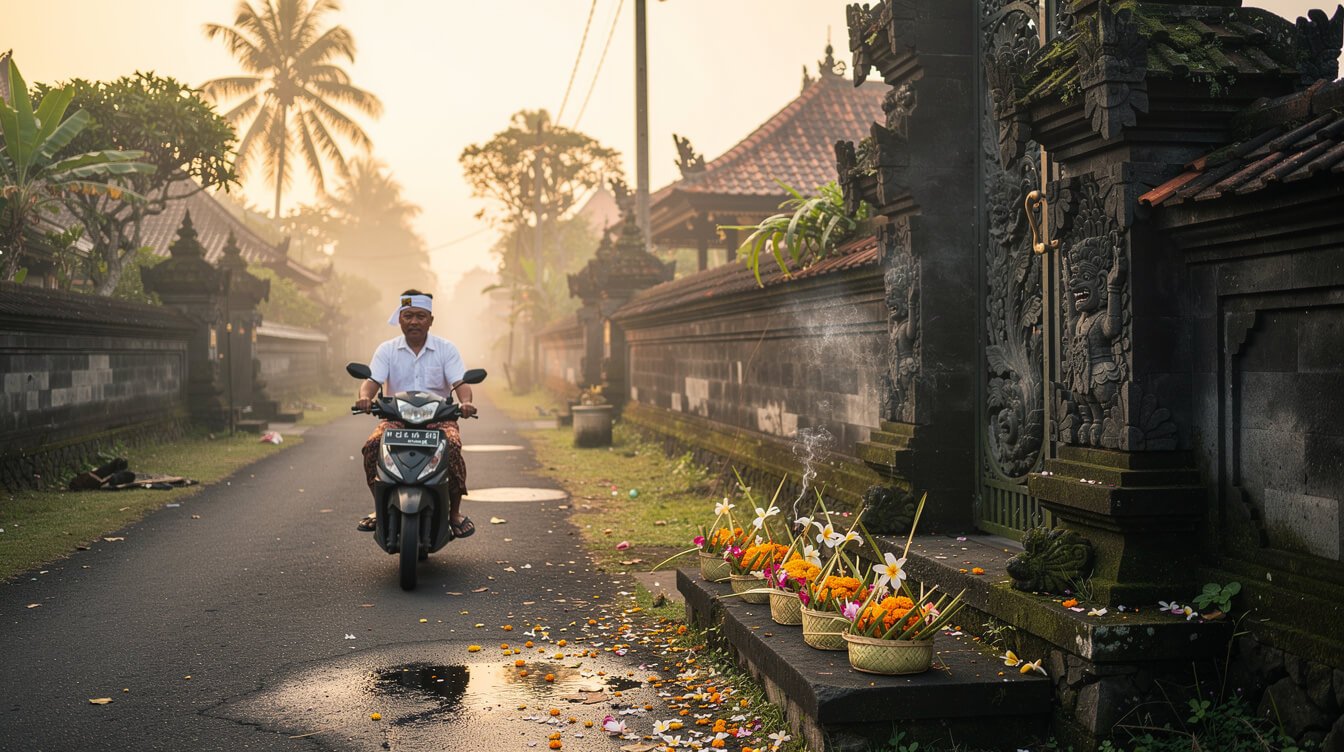 Bali language in daily life: an early-morning village lane in Ubud with offerings at a family gate