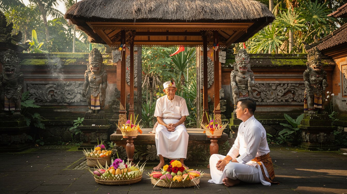 A Balinese priest in white robes in a temple pavilion, where high Balinese is spoken