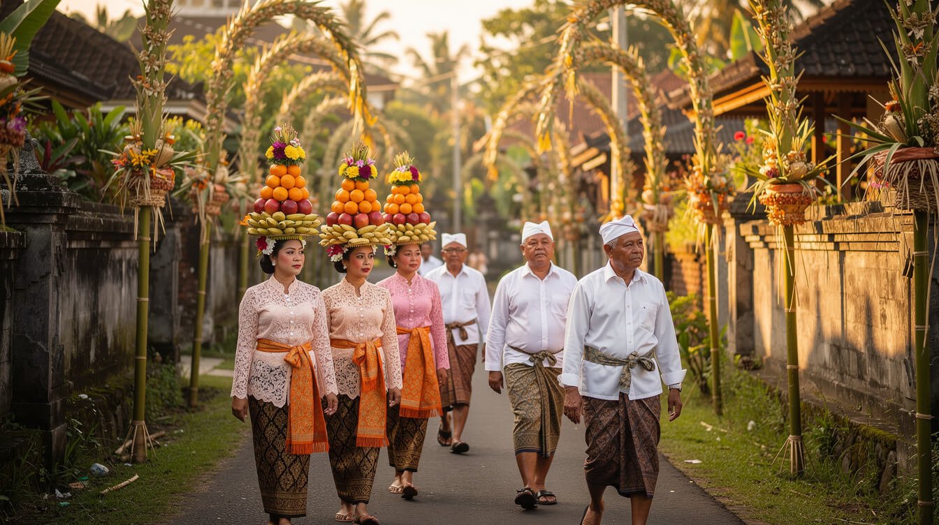 Balinese adults in ceremonial dress walking along a village lane in Ubud