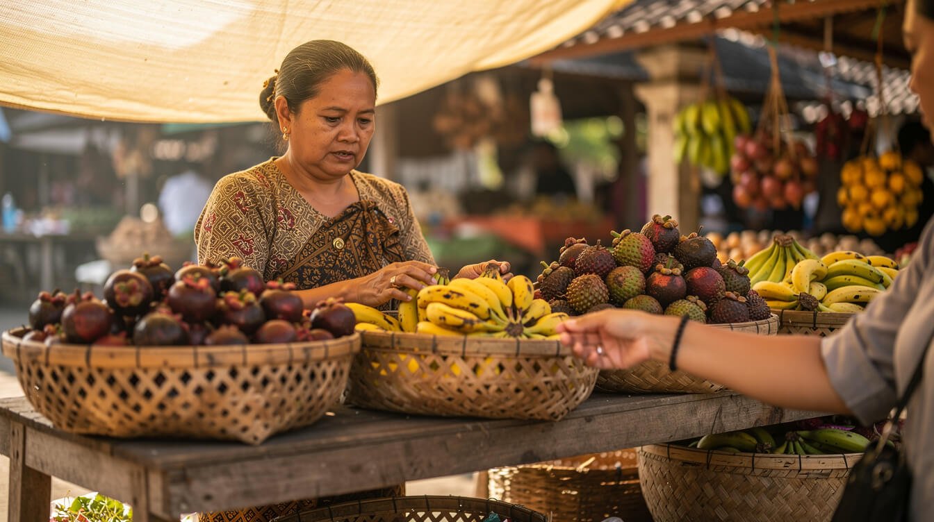 Using Bali language words at an Ubud market fruit stall