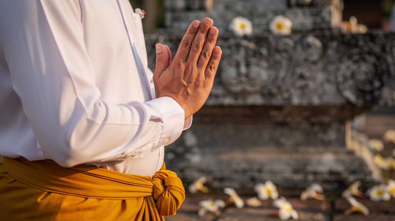 Hands pressed together in a Balinese greeting before a stone shrine with frangipani