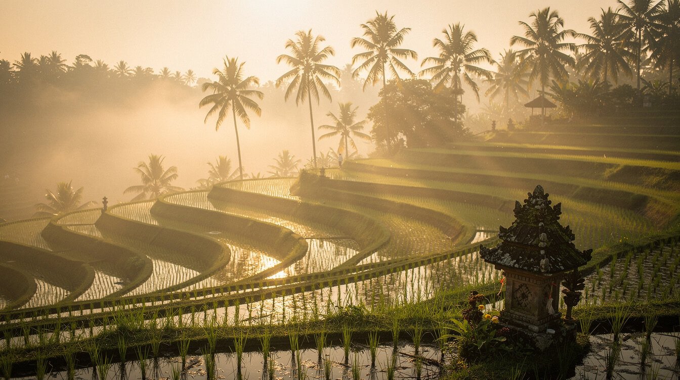 Misty sunrise over rice terraces and a small shrine near Ubud
