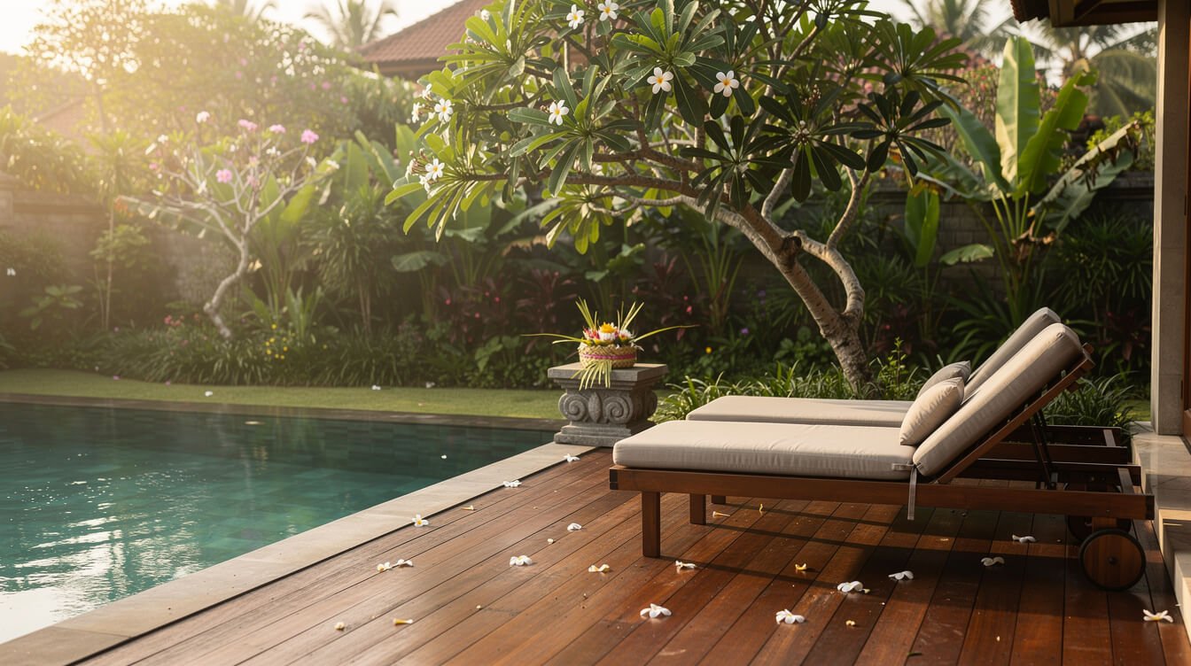 Private villa pool deck in Ubud with a canang sari offering