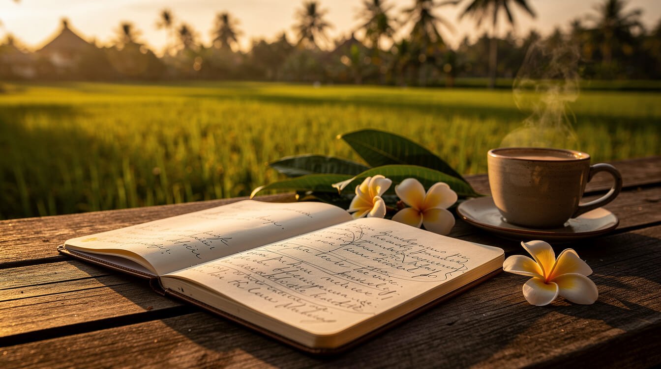 Open notebook and coffee on a villa terrace at sunset