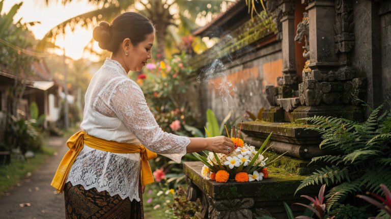 Balinese woman in temple dress placing a canang sari offering, an everyday act of Bali religion in Ubud