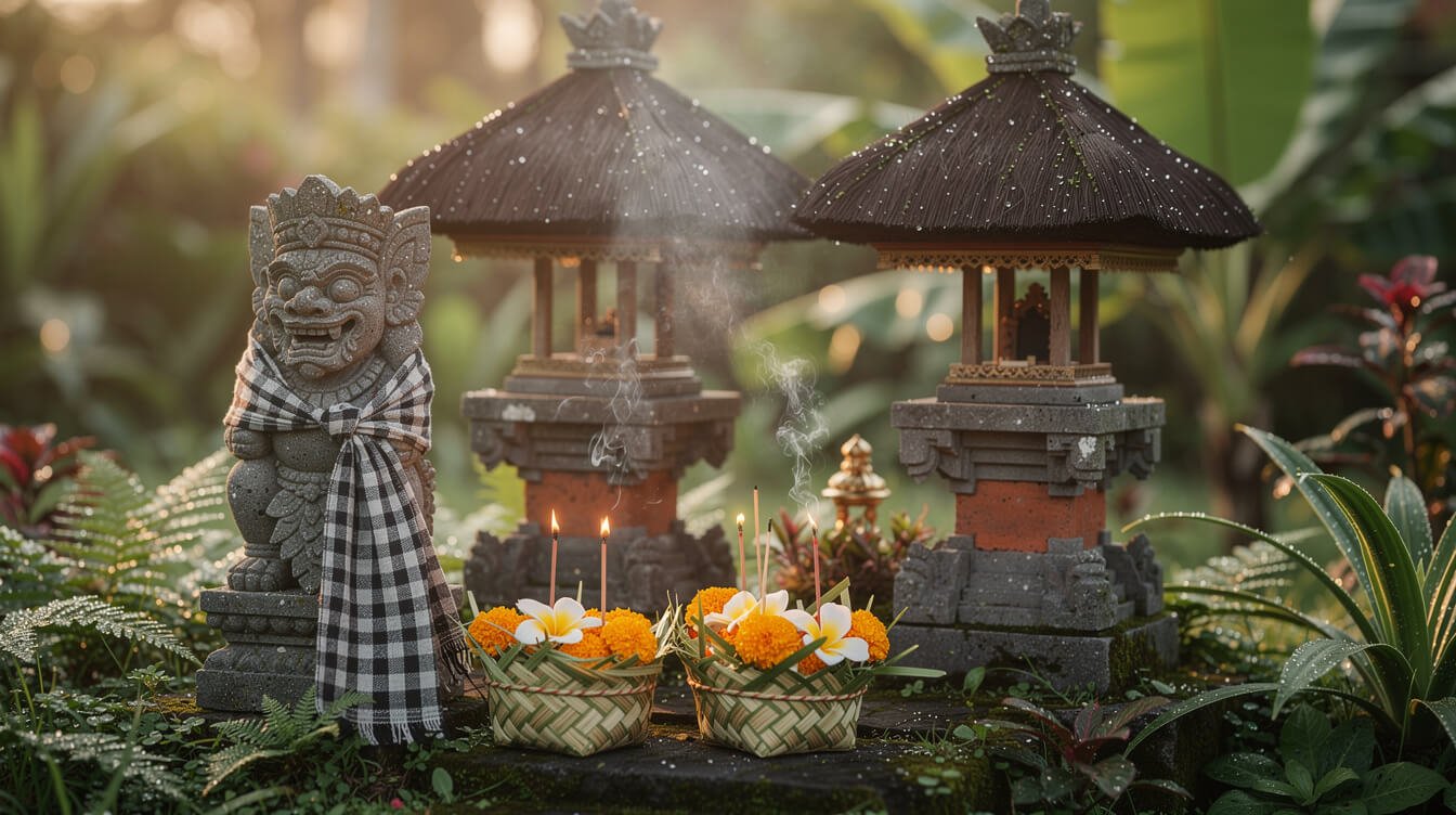 Balinese family shrine with canang sari offerings and incense at dawn