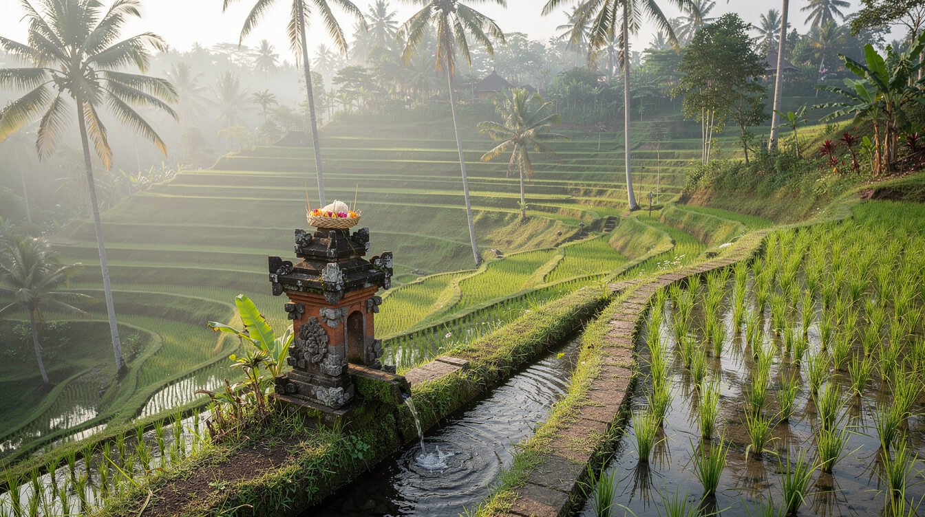 Subak water shrine with an offering at the head of a rice field irrigation channel near Ubud