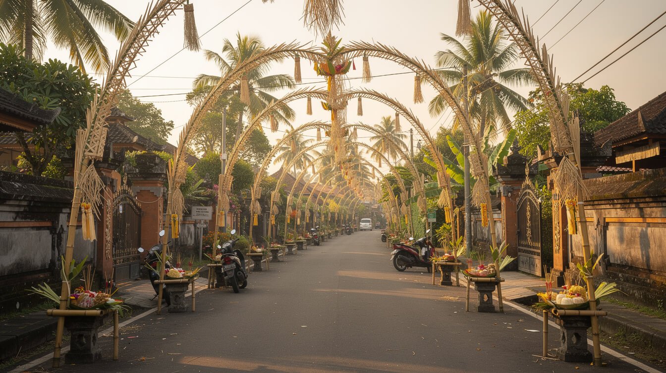 Bamboo penjor poles arching over a village road near Ubud for a Balinese holy day