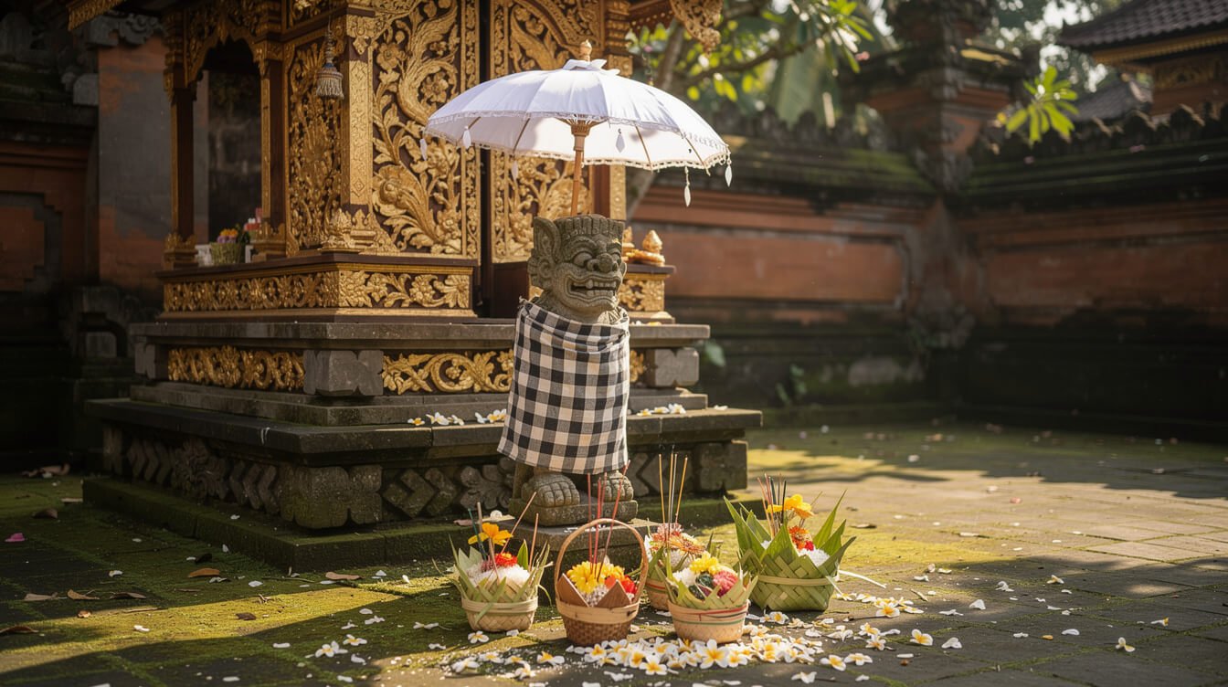 Temple shrine and stone guardian wrapped in black-and-white poleng cloth in Bali