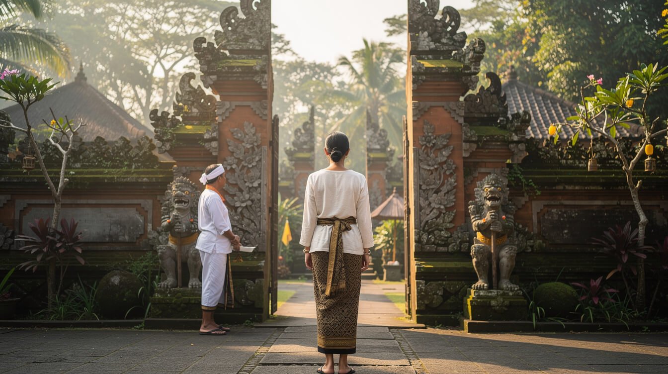 Visitor in sarong and temple sash standing respectfully at a Balinese temple gate