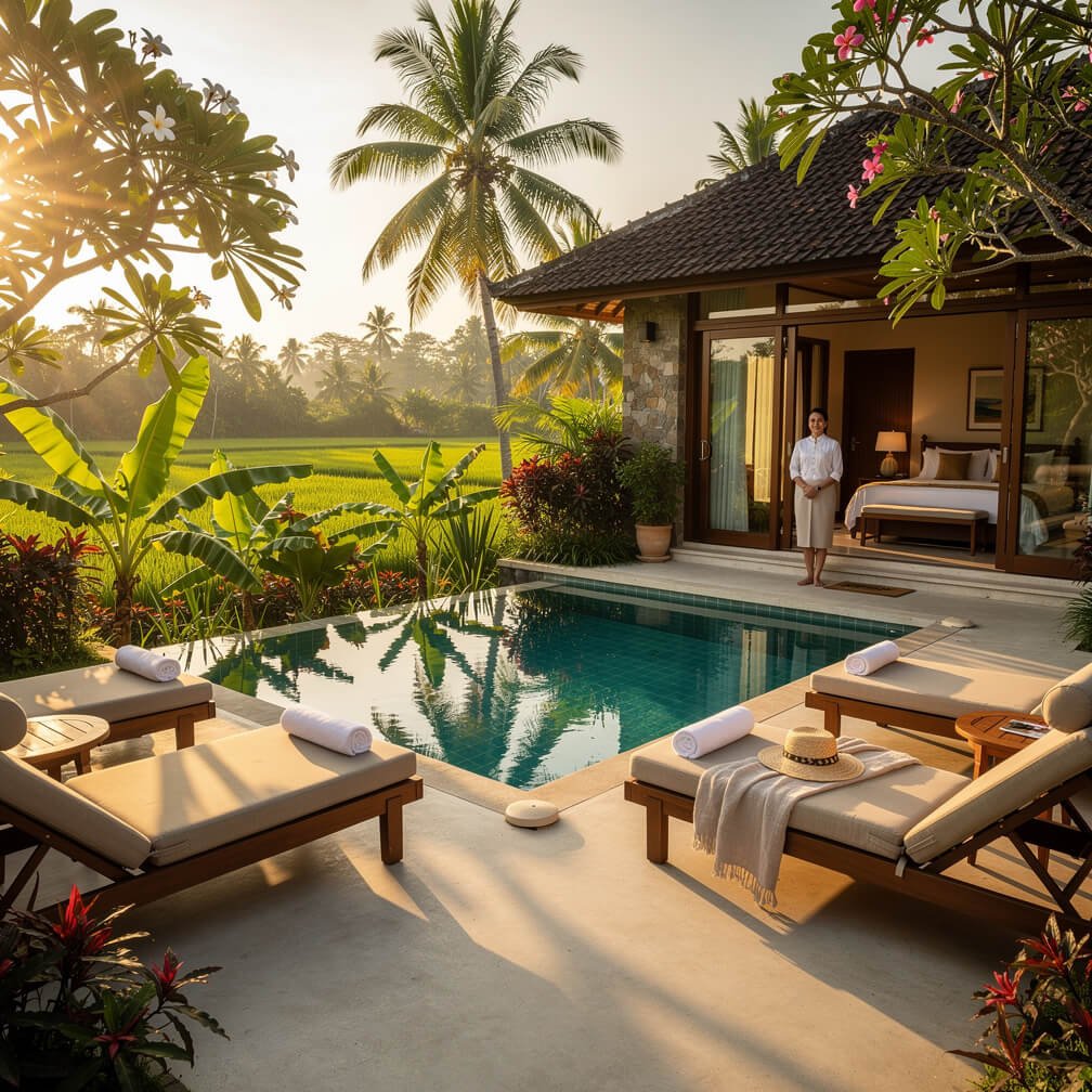 Private pool deck at a staffed Ubud villa in late afternoon light