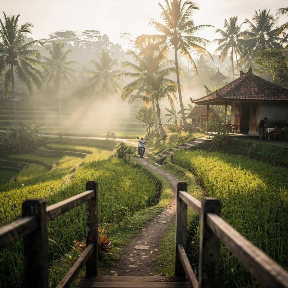Misty Ubud rice terraces at sunrise, the start of a Bali journey