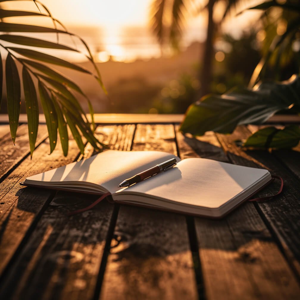 Open notebook on a sunset deck table with tropical leaves nearby
