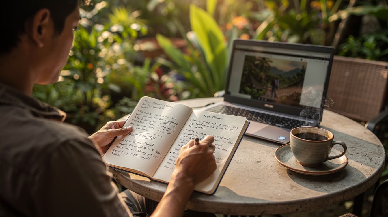 Traveler planning a Bali trip budget with a notebook and coffee on a garden terrace