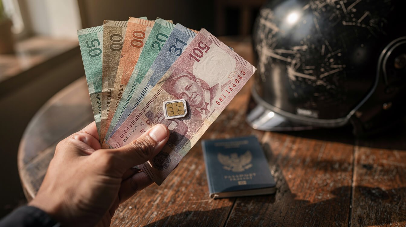 Rupiah banknotes and a SIM card on a wooden cafe table in Bali